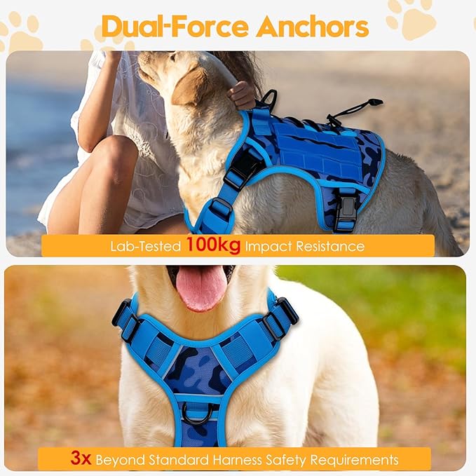 Heavy-Duty Tactical Dog Harness for Large Dogs, No Pull Adjustable Reflective Pet Vest with Molle System, K9 Military-Grade Control for Service Training, Outdoor & 10+ Breeds, Blue Camo, Large