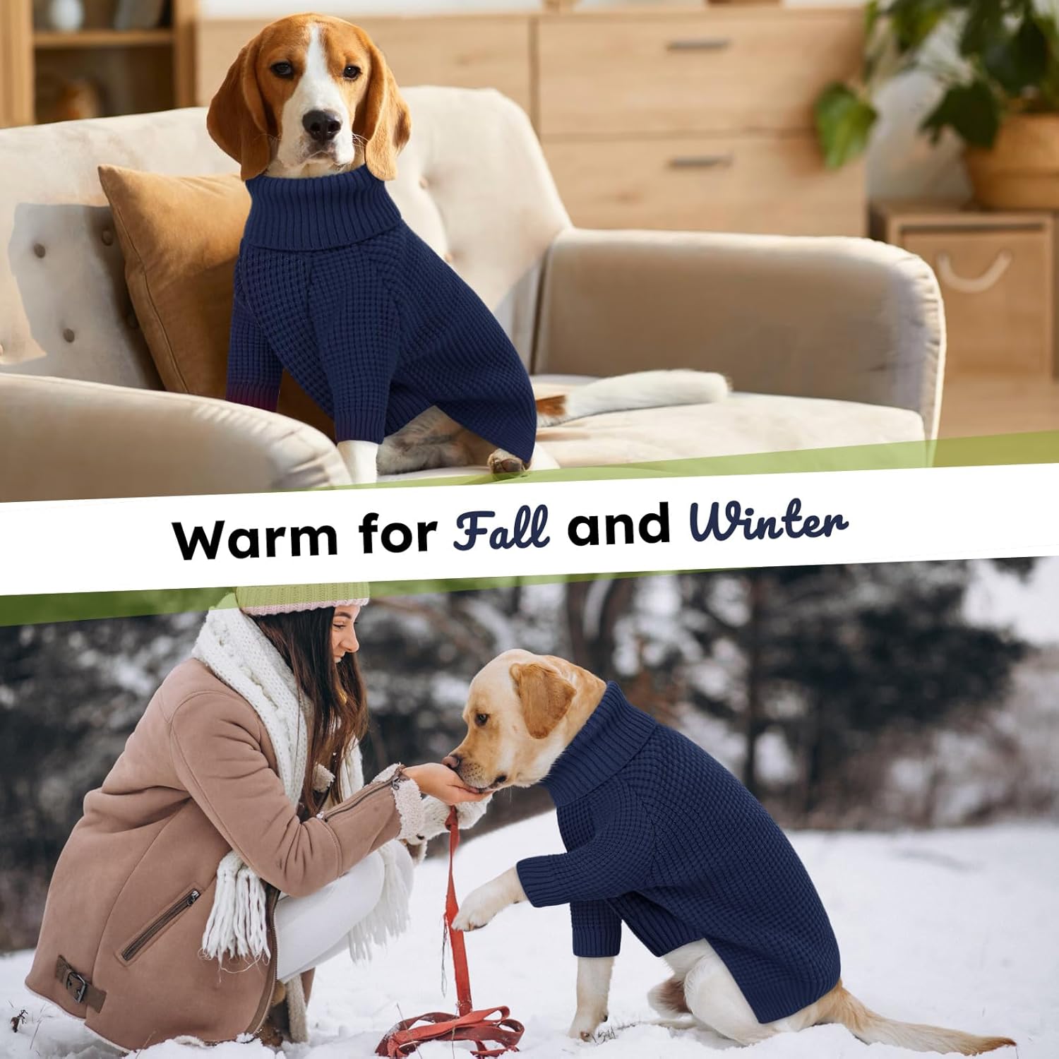 Queenmore Soft Warm Large Dog Sweater, Large Dog Sweaters, Doggie Christmas Sweater, Waffle Knit Extra Large Puppy Sweater, Pull-on Pet Turtleneck Sweater, Navy Blue 3XL