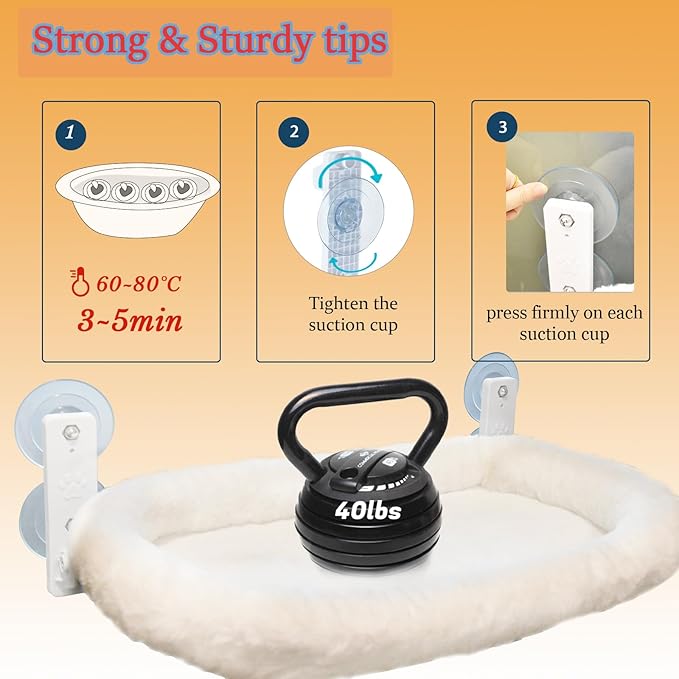 Extra Large Cat Window Perch (23.8×11.8in) - Washable 2-Season Fabric Cover, 4 Strong Suction Cups, Solid Metal Frame - Foldable Cat Hammock for Large Cats/2 Cats, Cordless Design (White)