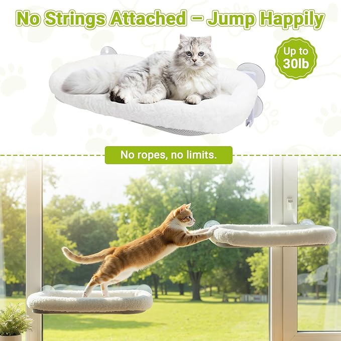 Cordless Cat Window Perch, Foldable Cats Hammock Window Bed with Metal Frame, Soft Cover, Large Suction Cups, Indoor Kitten Window Resting Seat, White