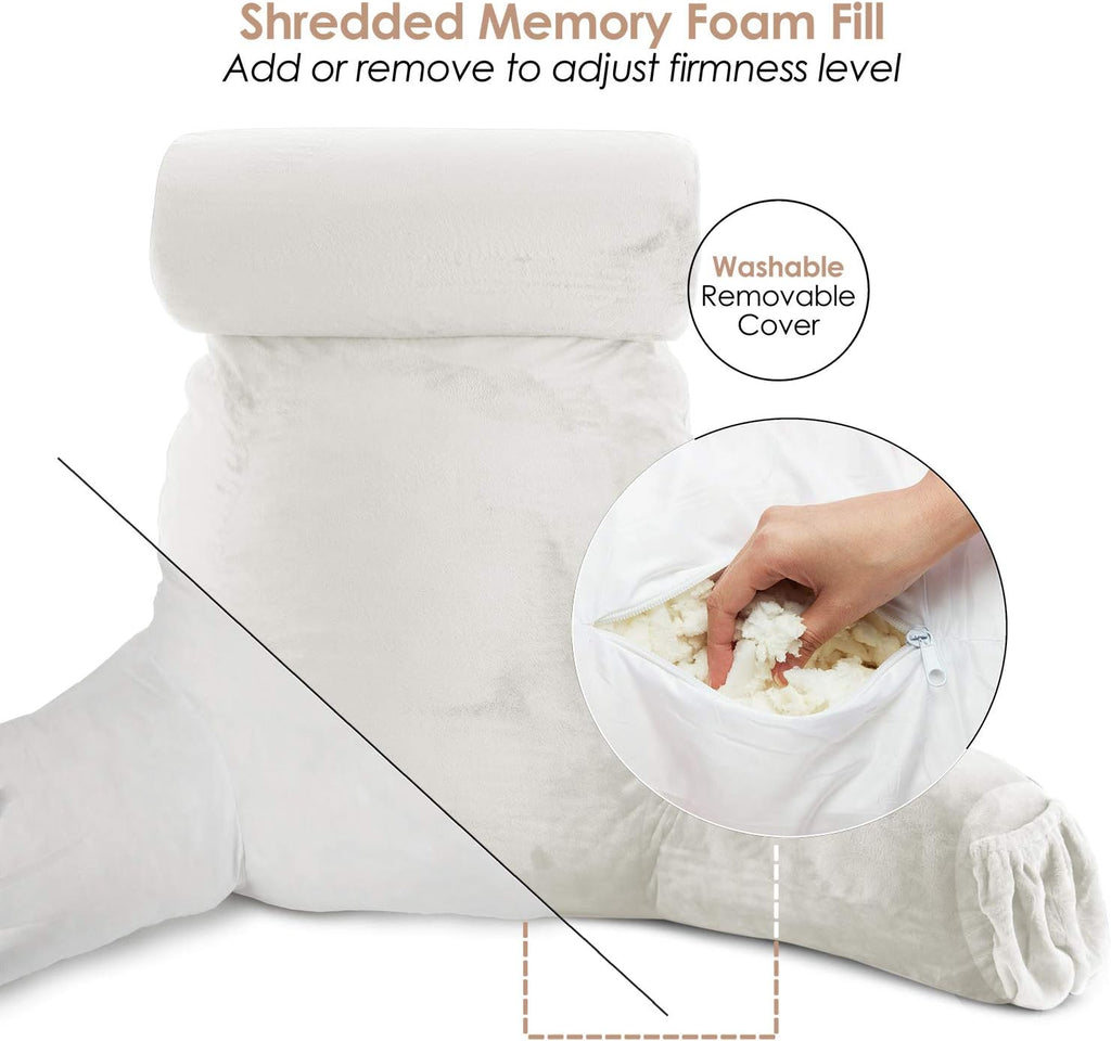 Nestl Reading Pillow with Shredded Memory Foam Includes 2 Neck and Lumber Support Pillows, Designed for Sitting Up in Bed and Couch, Back and Arms Adjustable Support for Adult & Teens, White