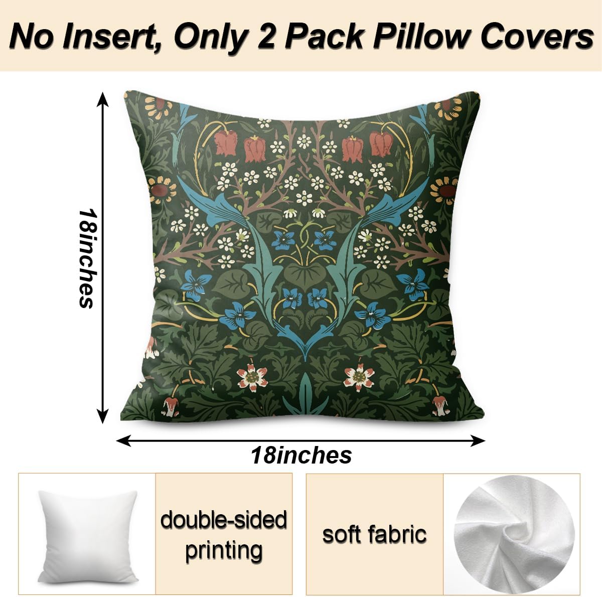 Vintage Flowers Throw Pillow Covers, Set of 2 Floral Pillow Covers, Pillow Covers 18x18, Retro Botanical Bedroom Home Living Office Bed Sofa Couch Decor Floral Pillow Cases Pillow Protector