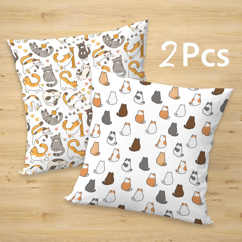 2 Pcs Throw Pillow Cover Lovely Multicolor Cartoon Cats Decorative Throw Pillow Case, Cartoon Geometric Kitten Square Decorative Cushion Cover for Couch Sofa Bedroom Living Room Office Home Decor