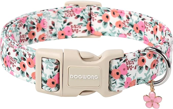DOGWONG Flower Cotton Dog Collar, Spring Summer Cute Pink Dog Collar Durable Soft Fabric Pet Dog Collars Female Girl Necklace for Small Medium Large Dogs