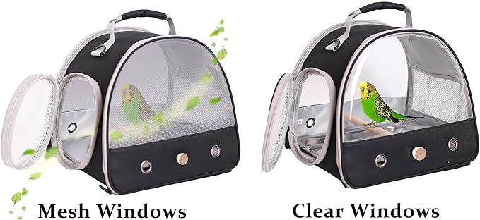 Bird Carrier, Portable Small Bird Parrot Parakeet Carrier with Standing Perch, Side Access Window Collapsible (Black, Mesh Windows)
