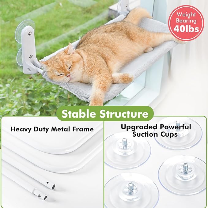 Cordless & Foldable Cat Window Perch with Metal Frame and Reversible Washable Cover Pet Hammock Bed, 4 Large Suction Cups Window Resting Seat for Indoor Cats Kittens (Grey - M)