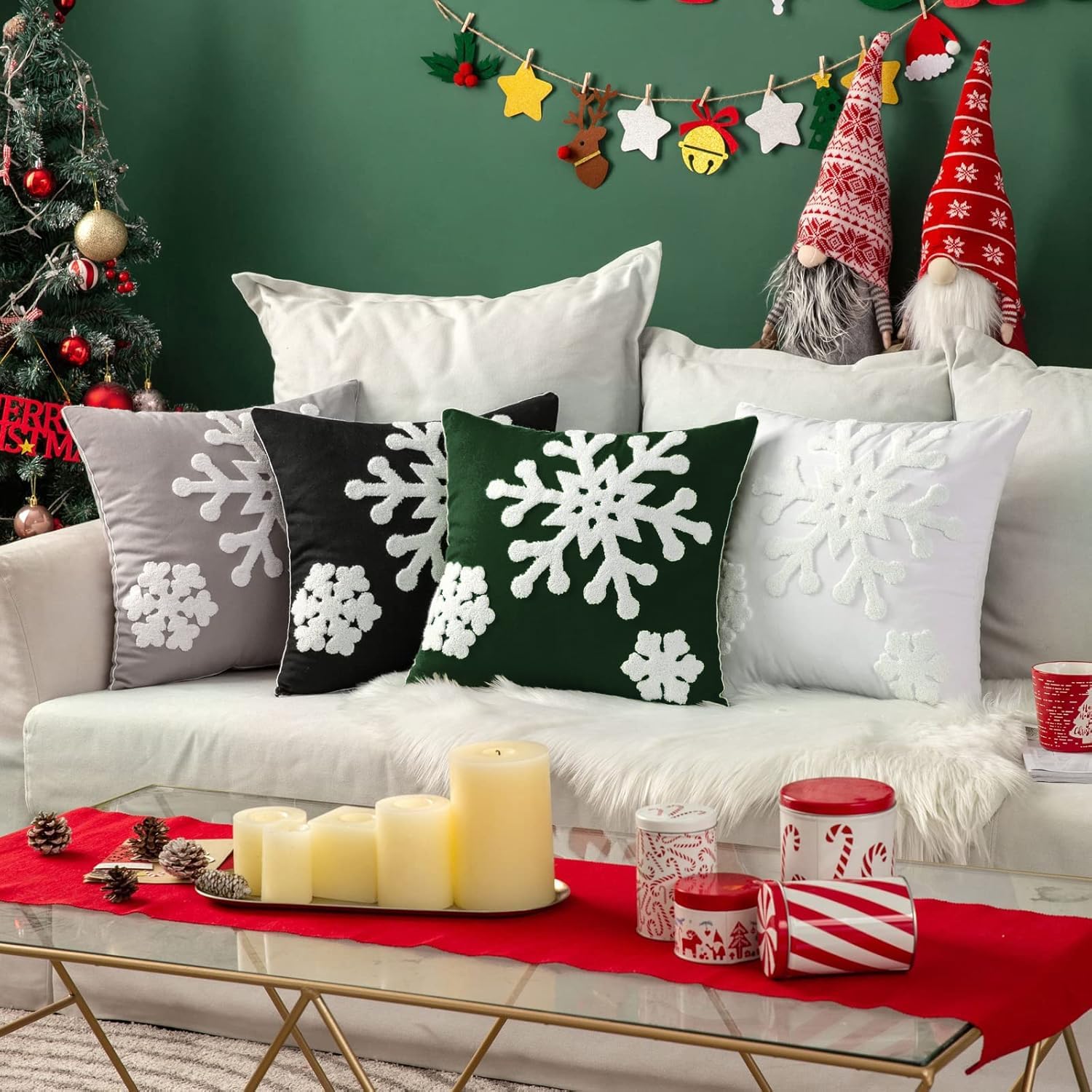 MIULEE Pack of 2 Christmas Decorative Snowflake Throw Pillow Covers Canvas Embroidery Winter Cushion Cases Holiday Decor Soft Pillowcases for Winter Couch Sofa Bedroom Car（Dark Green, 20x20in）