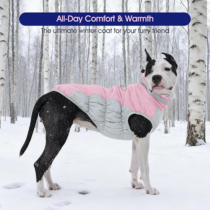 FUAMEY Dog Coat for Large Dogs,Waterproof Dog Winter Jacket with Harness Built in Puppy Cold Weather Coats Reflective Pet Vest with Zipper Warm Fleece Dogs Snowsuit Windproof Pink 2XL