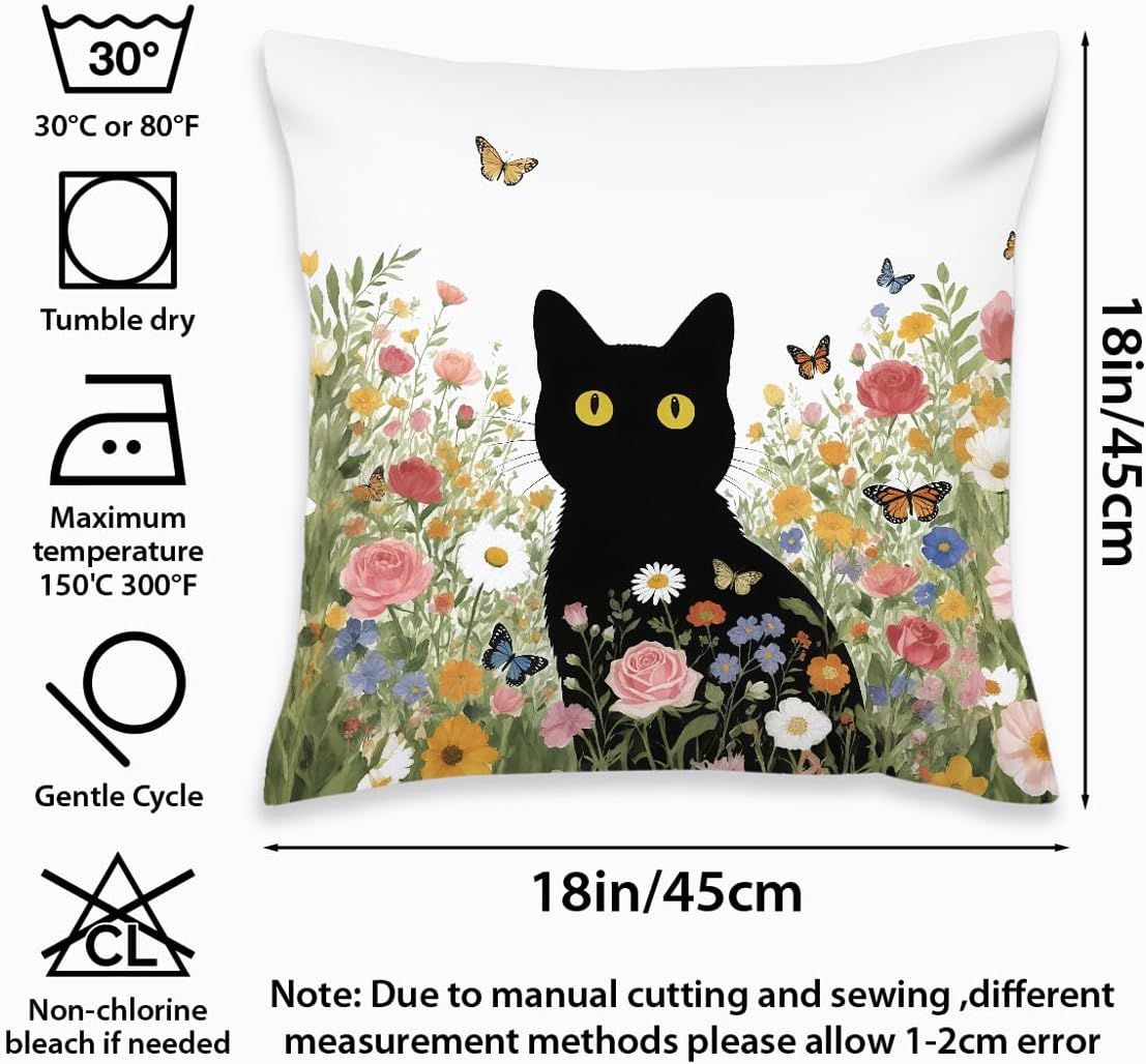 2 Pcs Floral Black Cat Pillow Cover, Vintage Black Cats Flowers Throw Pillow Covers Spring Summer Boho Cushion Cover, Suitable for Couch Sofa Bedroom Apartment Dorm Living Room Office Home Decor