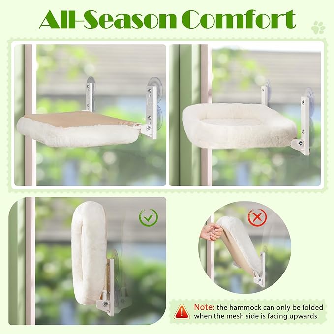 keny Cat Window Perch with Soft Plush Cushion Bed, Cordless Cat Window Hammock with 3.54" Larger Suction Cups, Easy to Assemble Cat Window Bed Seat for Indoor Cats, White