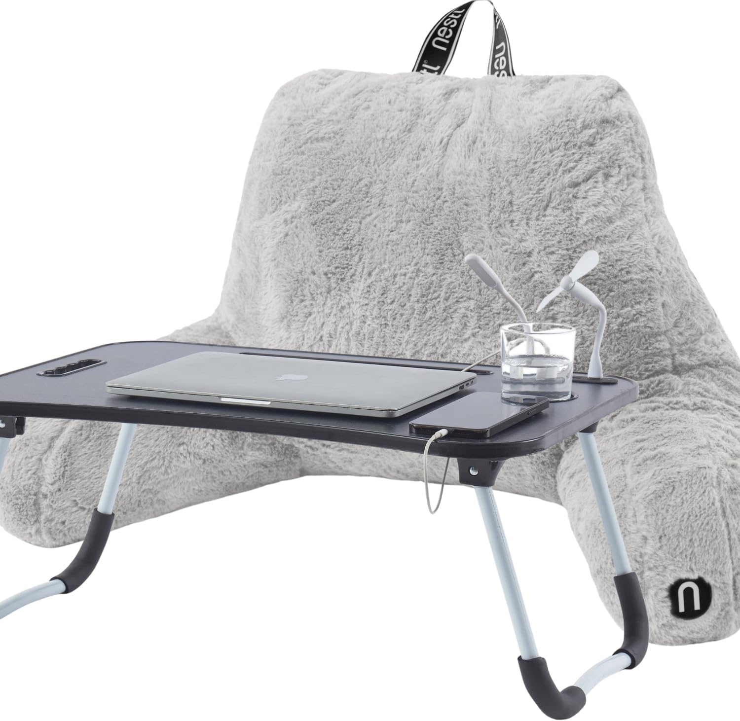 Nestl Fur Reading Pillow with Laptop Lap Desk, Stylish Back Pillow for Sitting Up, Lap Desk with Reading Pillows for Sitting in Bed Adult & Kids, Faux Fur Chair Pillow with Arms - Light Grey