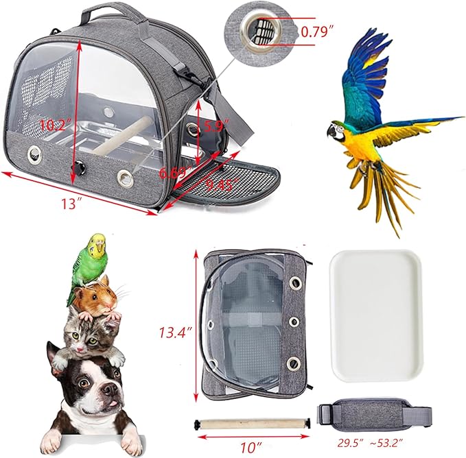 Small Bird Carrier Cage with Standing Perch & Tray Portable & Breathable Pet Travle Transport Carry Bag with Shoulder Strap for Vet Visit & Outdoor Walking (Grey)