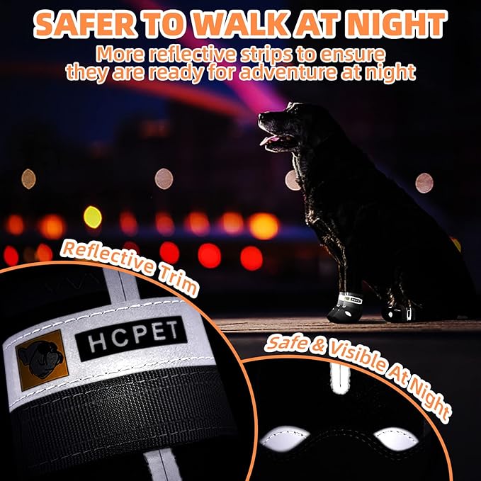 Hcpet Dog Shoes for Large Dogs, Waterproof Dog Booties for Small Medium Dogs, Anti-Slip Dog Boots & Paw Protectors for Hot Pavement Winter Snow Hiking with Reflective Straps Black Size 7