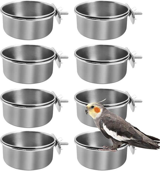 kathson 8 Pack Bird Feeding Dish Cups, Stainless Steel Parrot Feeders Water Cage Bowls with Clamp Holder Bird Feeders for Parakeet Cockatiels Conure Budgies Lovebird Finch and Small Animals