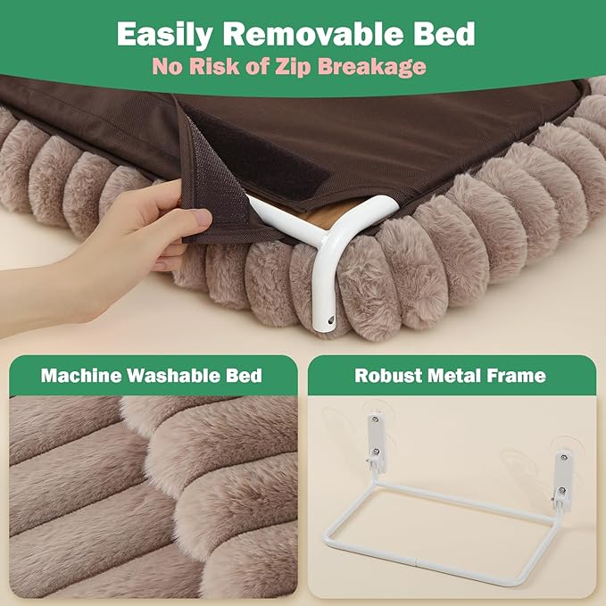 Zakkart SnugCloud Foldable Cat Window Perch - Cordless, Ultra Soft Machine Washable Bed with 4-Sided Bolster, Metal Frame - Window Hammock for Large Cats and Kittens (Brown, Medium)