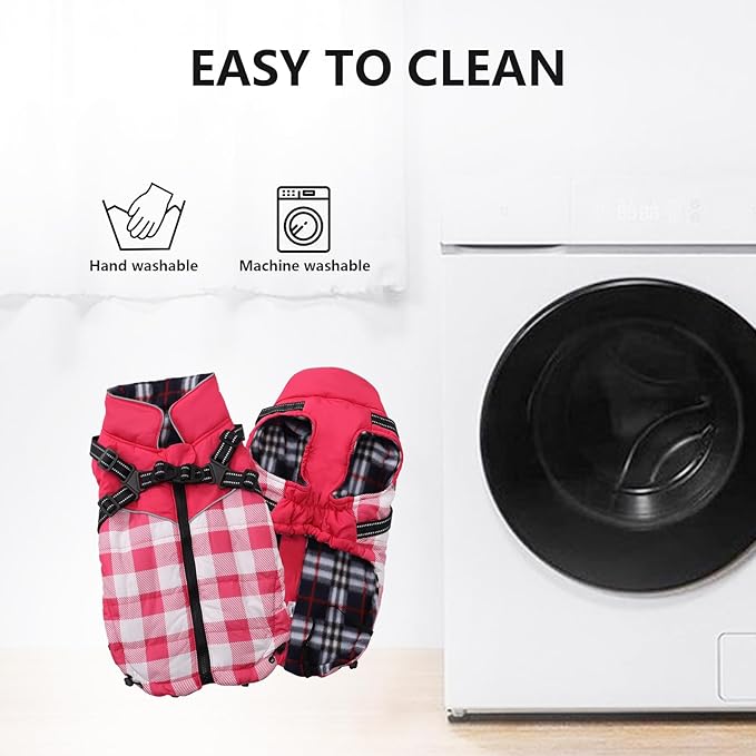 Dog Coat with Harness,Small Dog Winter Coat,Doggie Jackets with Built in Harness,Adjustable Warm Jacket for Medium Large Dogs,Pet Puppy Cold Weather Coats for Dogs Waterproof (PlaidPink, Large)