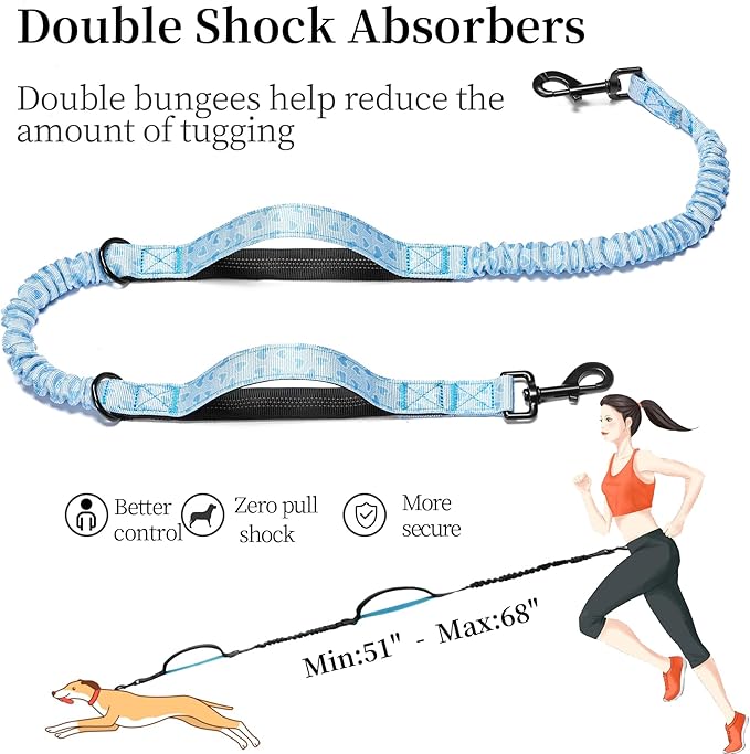 iYoShop Hands Free Dog Leash with Zipper Pouch, Dual Padded Handles and Durable Bungee for Walking, Jogging and Running Your Dog (Blue Heart, Large)