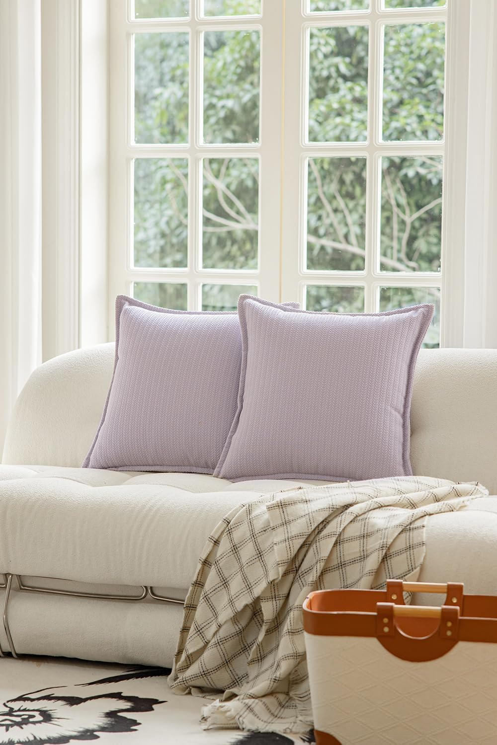 Set of 2 Cozy Striped Herringbone Flange Throw Pillow Covers, Aesthetic Embossed Pattern Pillow Covers for Couch and Bed - 20"x20", Languid Lavender