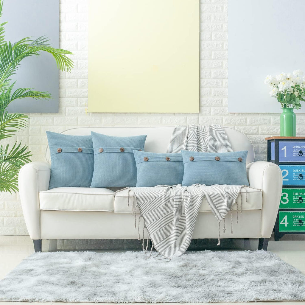 HWY 50 Light Blue Chenille Throw Pillow Covers 12x20 Inch with Triple Buttons, Soft Farmhouse Accent Decorative Cushion Cases for Couch Sofa Living Room Pack of 2 Rectangle