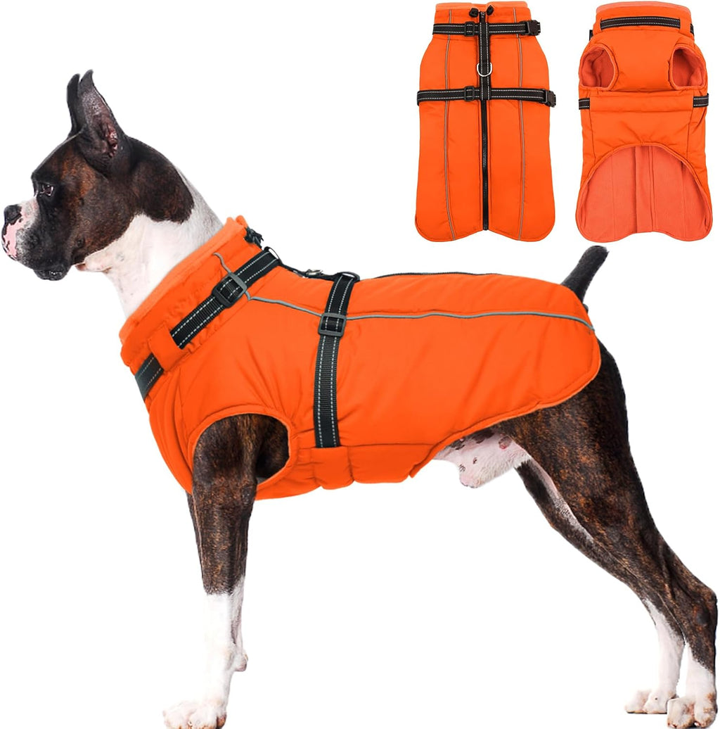 Lelepet Dog Winter Coat Waterproof Dog Jacket with Harness Built in Windproof Reflective Pet Coats for Small Medium Large Dogs, Thermal Fleece Lined Coats for Cold Weather Walking Hiking, Orange, L