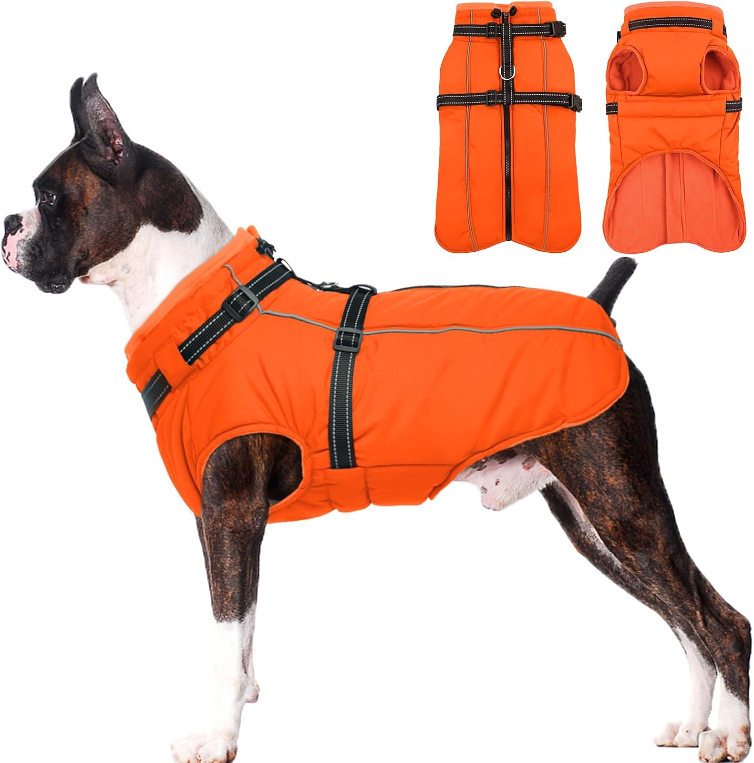 Lelepet Dog Winter Coat Waterproof Dog Jacket with Harness Built in Windproof Reflective Pet Coats for Small Medium Large Dogs, Thermal Fleece Lined Coats for Cold Weather Walking Hiking, Orange, M