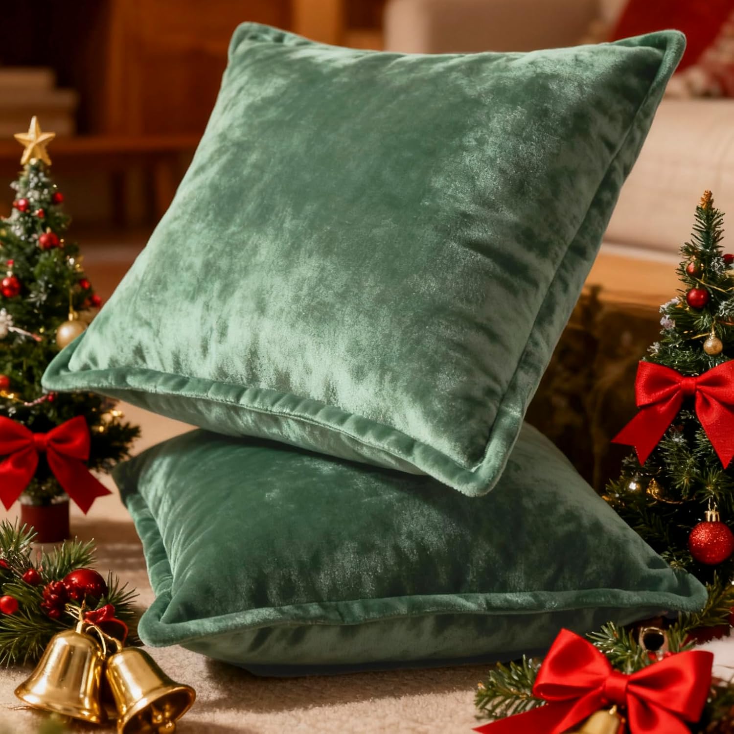 Luxurious Velvet Euro Shams Decorative Throw Pillow Covers 26x26 Set of 2 Solid Square Euro Pillow Shams for Sofa Couch Bedroom, Green