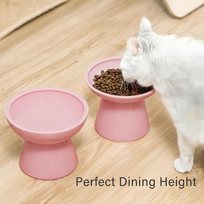 2 Elevated Cat Bowls Extra Wide for Food & Water – Whisker Fatigue, Ceramic Wide Shallow Food Dish, Lead & Cadmium Free, Raised Height for Cats, Pink