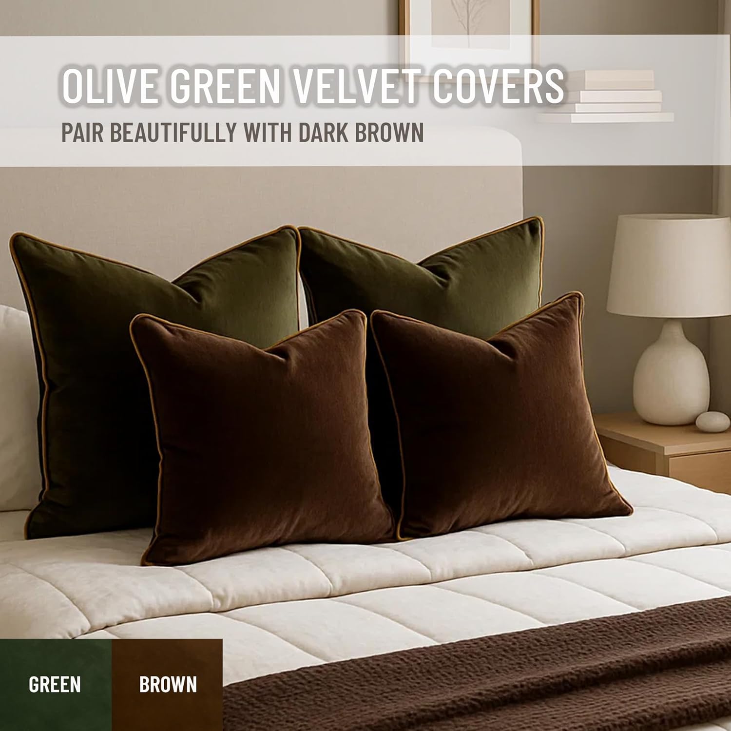 2 Pack Velvet Decorative Throw Pillow Covers, 20"x20", Green and Camel, Solid, Modern, Contrast Piping, Indoor Use, Bedroom & Living Room