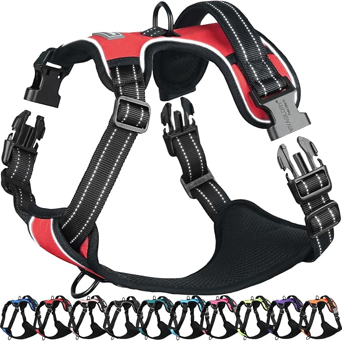 VIVAGLORY Dog Harness Easefit No Pull Dog Harness with Front Clip & Handle for Lifting Training, Adjustable Padded No-Pull Anti Pull Easy On for Puppy & Pet, M, Red