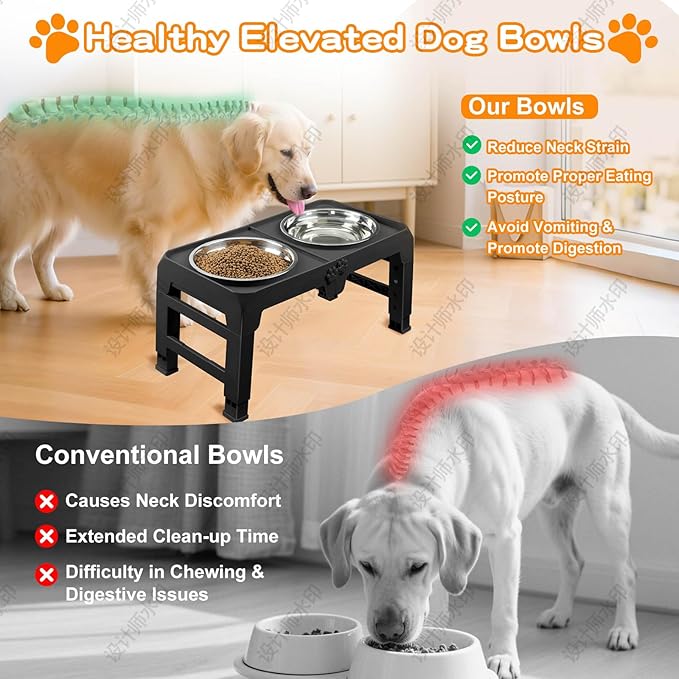 Elevated Dog Bowl Stand for Large Dogs - 2 Extra Large 10” Stainless Steel Bowls, 5 Adjustable Heights(7.5"-15.4"), Foldable Non-Slip & Durable, Portable Heavy Duty Travel Dog Feeder, Black