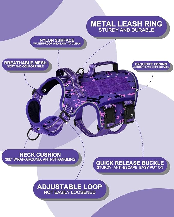 Dog Harness for Large Dogs Heavy Duty, No Pull Tactical Dog Harness with Molle System, Easy On and Off Service Dog Vest, Breathable Padded, Adjustable Reflective Pet Vest for Walking Hiking Training