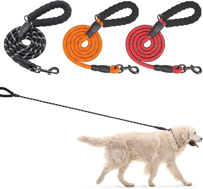 BEAUTYZOO Heavy Duty Rope Dog Leash 3 Pack, 6FT Nylon Pet Leash with Reflective Thread, Soft Padded Handle Thick Lead Strong Dog Leashes for Large Medium Dogs Small Puppy Training 6'*1/2 inch