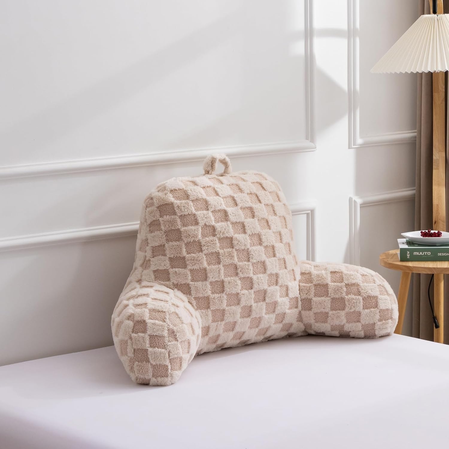 A Nice Night Faux Fur Reading Pillow,Checkered Fluffy Grid Plaid,Bed Wedge Pillow Large Adult Children Backrest with Arms for Bedrest,Beige