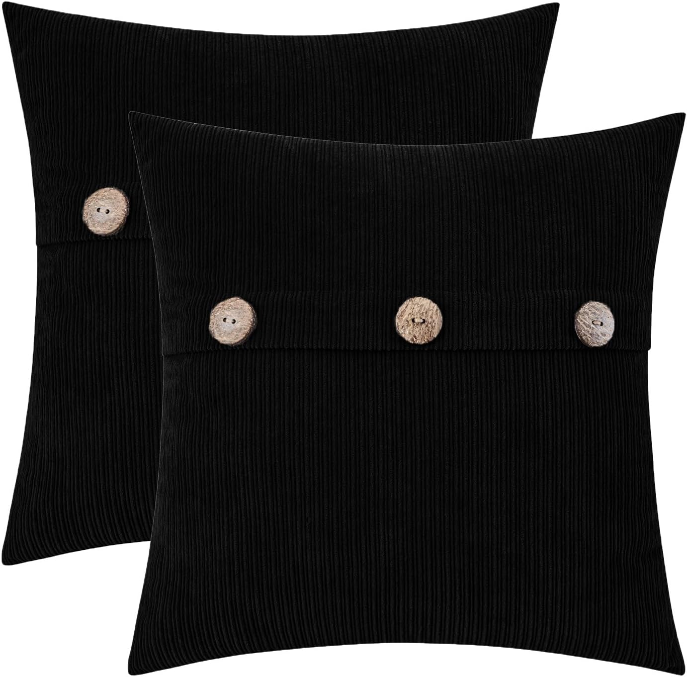 HWY 50 Black Chenille Throw Pillow Covers 16x16 Inch with Triple Buttons, Soft Farmhouse Accent Decorative Cushion Cases for Couch Sofa Bed Bedroom Pack of 2