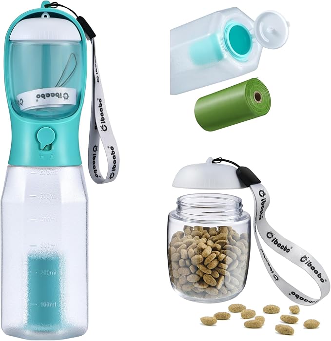 Dog Water Bottle with Food Container & Poop Bag Holder, Travel Water Bowl, Portable Pet Dispenser, Dog Gifts Stuff Accessories Items, Puppy Essentials for Yorkie Chihuahua Walking Hiking