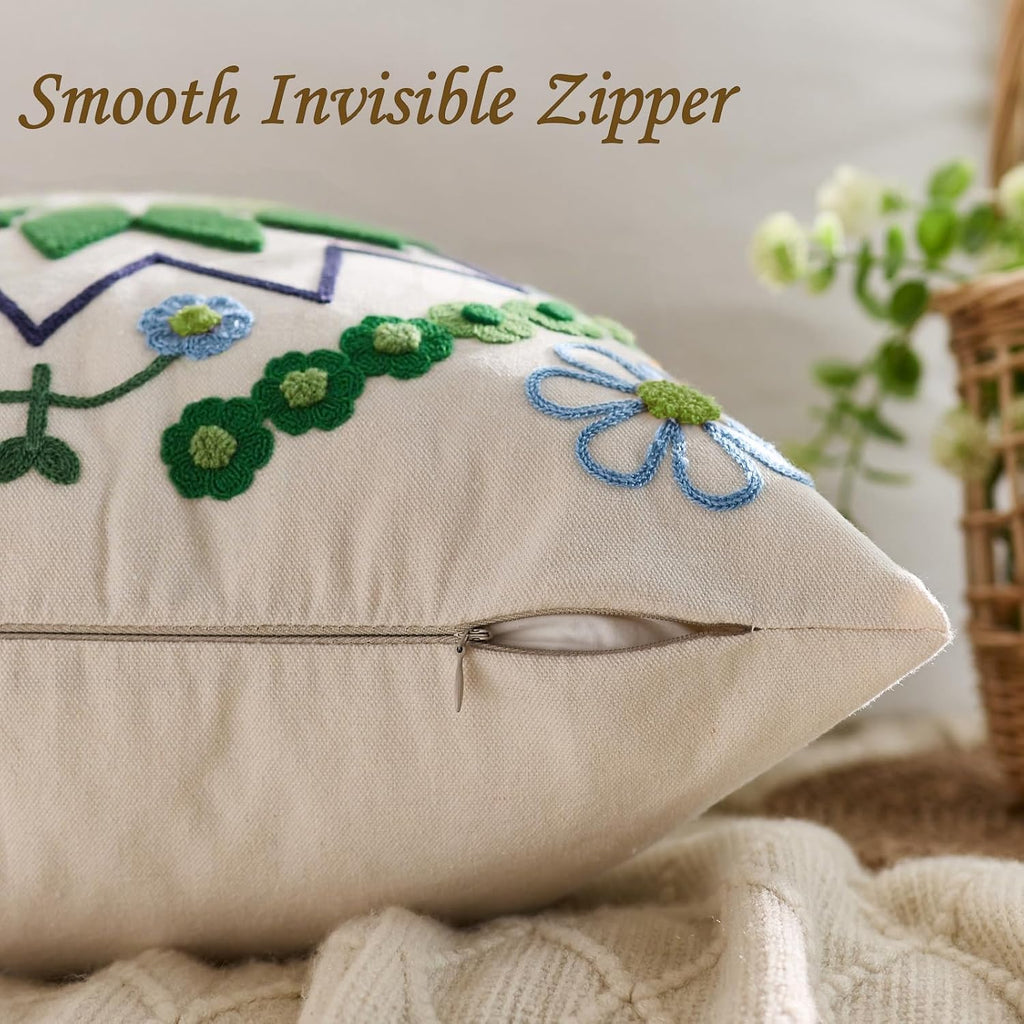 Embroidered Throw Pillow Cover 20x20 Classic Boho Floral Pattern Pillows Cover Outdoor Decorative Pillowcase,Durable Cozy Textured Cushion Case for Sofa Couch Bed Living Room,Green