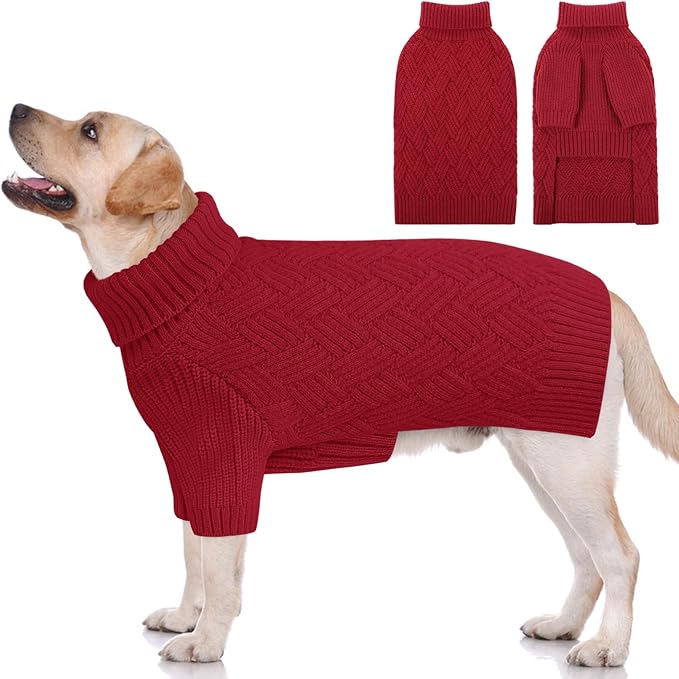 KOESON XL Dog Sweater for Large Size Dogs, Turtleneck Extra Large Sweater for Dogs Girl Boy, Warm Large Dog Sweaters for Christmas, Soft Doggie Winter Knitwear with Sleeves, Red, XLarge