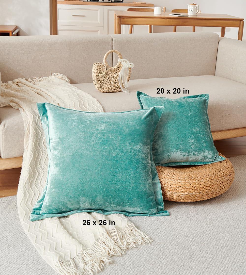 Luxurious Velvet Throw Pillow Covers 20x20 Set of 2 Decorative Pillow Covers Solid Square Cushion Case for Sofa Couch Bedroom Farmhouse, Aqua Green