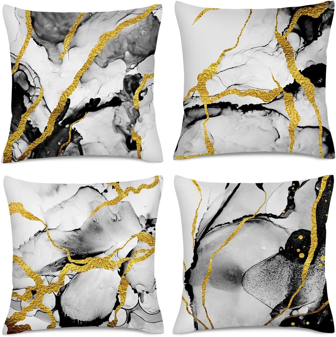 Black Gold Grey Marble Throw Pillows Covers 18x18 Inch Set of 4, Abstract Modern Decorative Pillow Cases for Sofa Couch Bedroom Living Room Home Black and Gold Decor Cushion Covers