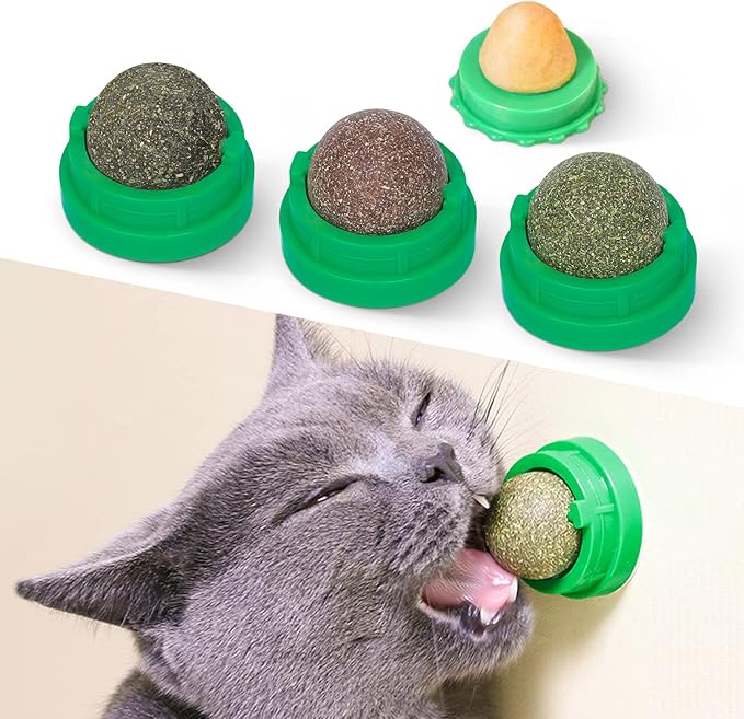 Potaroma Catnip Toys Balls 4 Pcs, Extra Cat Energy Ball, Edible Kitten Silvervine Toys for Cats Lick, Healthy Kitty Teeth Cleaning Dental Chew Toys, Cat Wall Treats (Green)