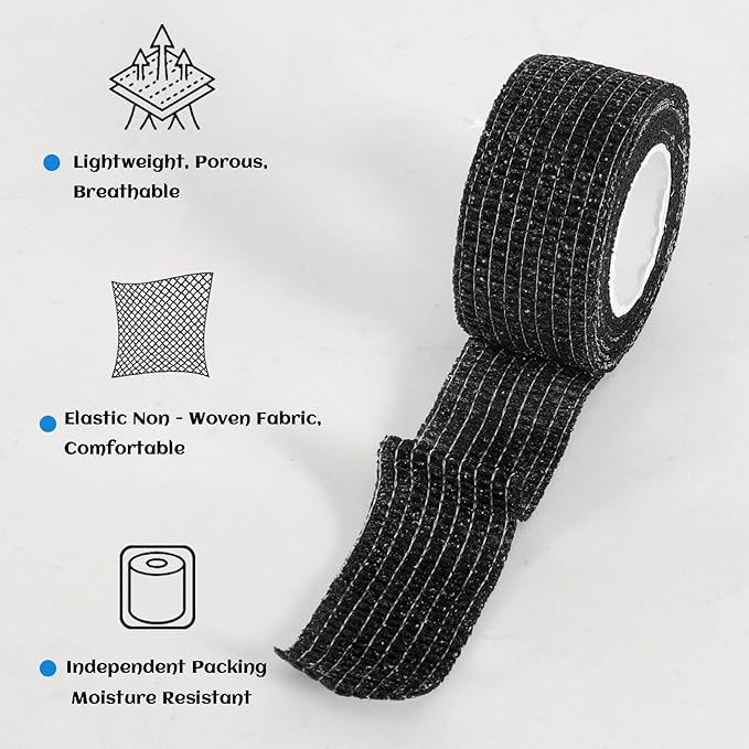24 Rolls Elastic Self Adhesive Bandage Wrap 1 Inch, Breathable Non Woven Cohesive Bandage, Vet Wrap for Dogs, Ankle Sprains Swelling Medical First Aid Tape, Sports Athletic Tape Color Black