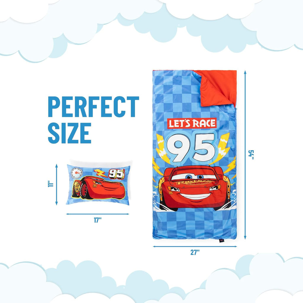 Jay Franco Kids Slumber Bag and Pillow - 54 x 27 Inch Comfy Indoor Sleeping Bag for School and Sleepovers, 2 Piece Set, Blue - Cars