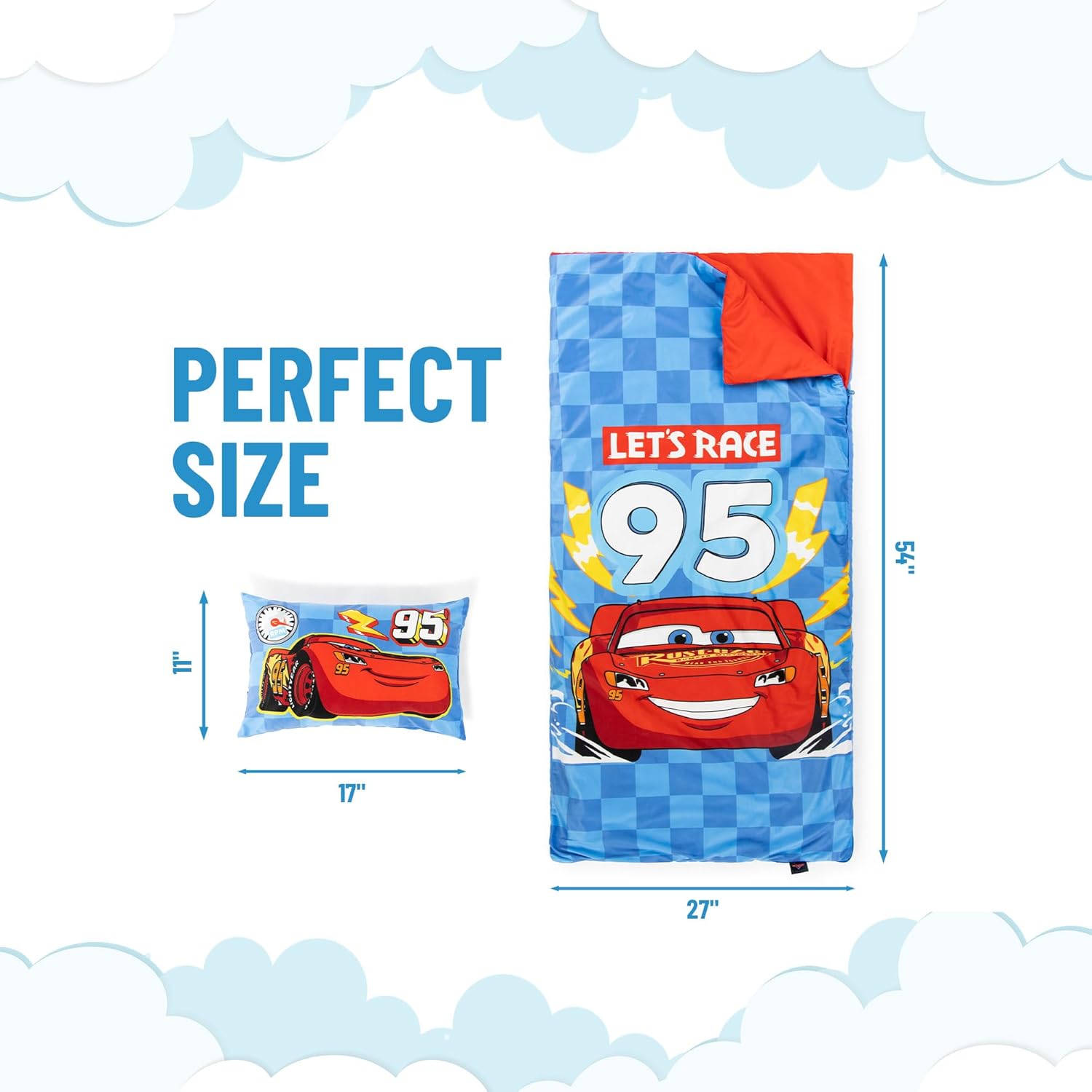 Jay Franco Kids Slumber Bag and Pillow - 54 x 27 Inch Comfy Indoor Sleeping Bag for School and Sleepovers, 2 Piece Set, Blue - Cars