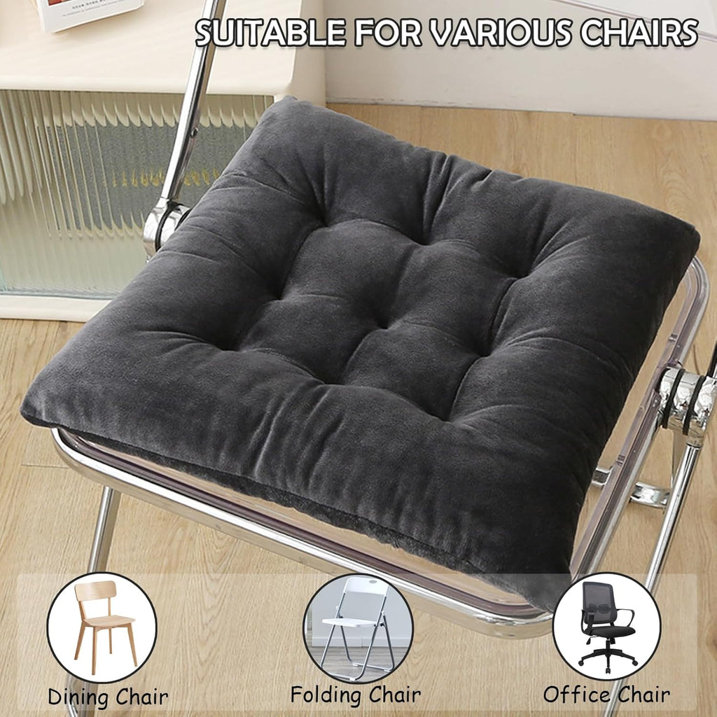2 Pack Square Seat Cushion Chair Pads for Kitchen Dining Chairs, Soft Comfort Velvet Chair Mat Pillow Cushions with Ties for Office Desk Living Room Tatami 15.5", Dark Gray