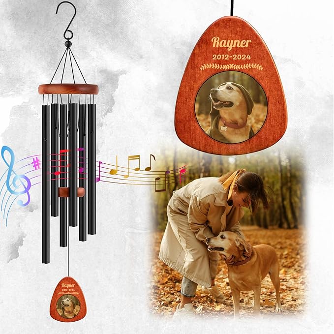 Personalized Dog Memorial Gifts for Loss of Dog - Custom Sympathy Wind Chime with Photo & Name, 26"/32"/36" Outdoor Bereavement Keepsake for Garden or Patio