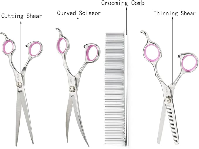 GEMEK Pet Cat Dog Grooming Scissors Set 4 Pieces Stainless Steel Professional Pet Trimmer Kit - 7.5 inch Straight Cutting, Thinning Shears, Curved, Grooming Combs