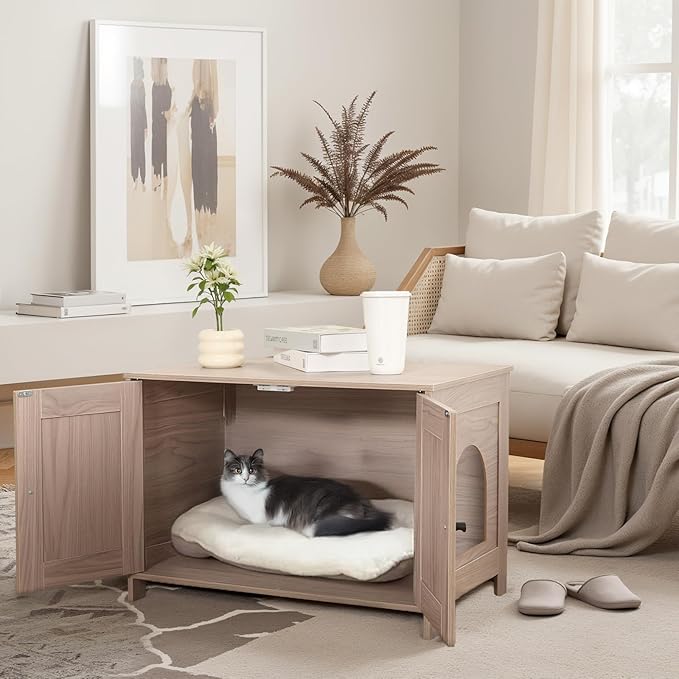 Amazon Basics Cat Litter Box Enclosure Furniture, Wooden Pet House and Hidden Litter Box for Indoor Cats, 27.6" × 19.7" ×19.7", Beige