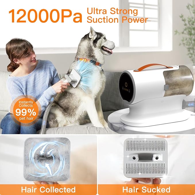 Dog Vacuum for Shedding Grooming, 12000pa Suction Dog Hair Vacuum, Dog Grooming Kit with 2l Dust Cup, Low Noise, 3 Levels, 5 Grooming Tools