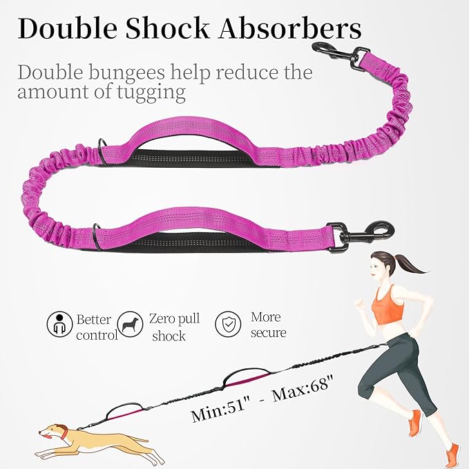 iYoShop Hands Free Dog Leash with Zipper Pouch, Dual Padded Handles and Durable Bungee for Walking, Jogging and Running Your Dog (Large, 25-120 lbs, Very Berry)