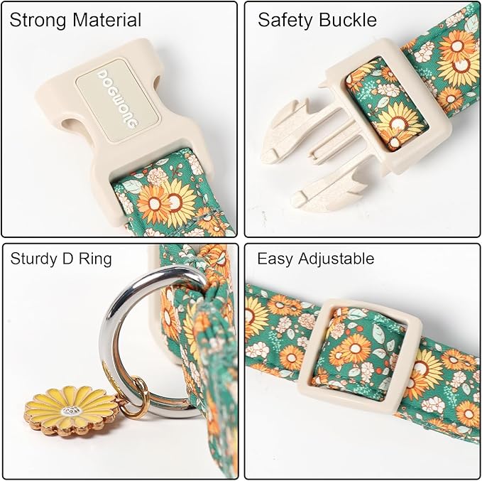 DOGWONG Flower Dog Collar, Fall Sunflower Dog Collars, Adjustable Cute Pet Collars Girl Design Dog Collar for Small Medium Large Dogs